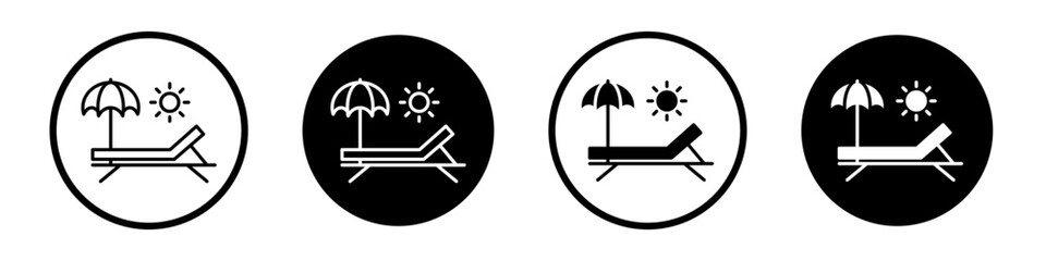 Sunbed icon set. Beach Chair rest in sun vector symbol in a black filled and outlined style. Summer vacation sunbed sign.