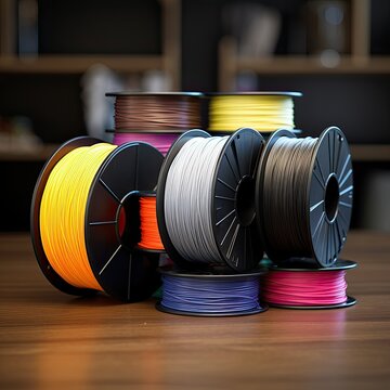Rolls of colorful 3d printing plastic filament spools  on a wooden table