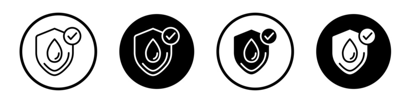 Waterproof protection icon set. Water proof and resistant shield vector symbol in a black filled and outlined style.