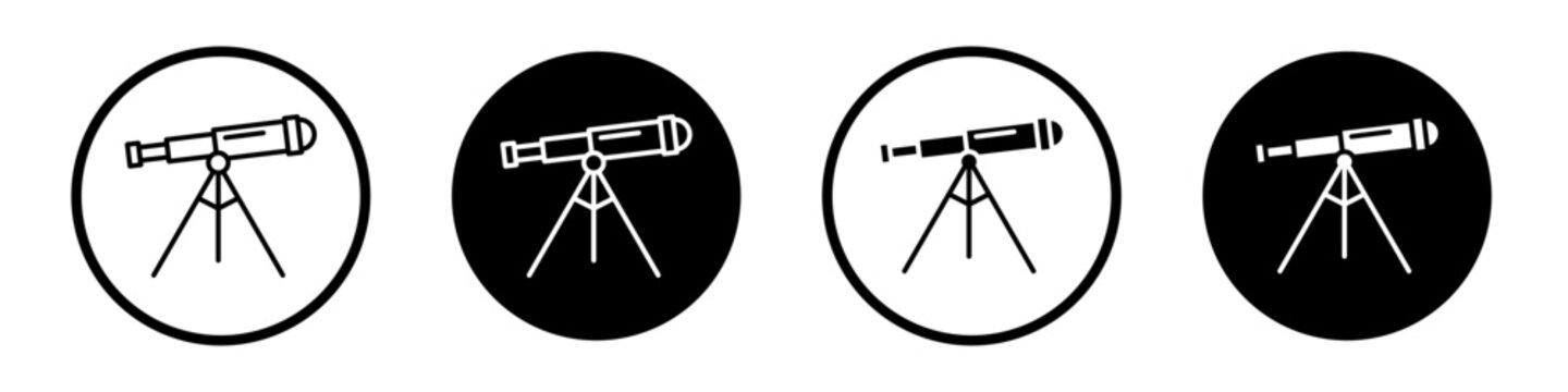 Telescope icon set. Observatory stargazing planetarium scope vector symbol in a black filled and outlined style. Astronomy monocular telescope sign.