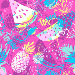 Fototapeta premium Fashion tropics funny wallpapers. Seamless pattern with pineapples, strawberries and oranges on white background. Bright summer fruits illustration. Fruit mix design for fabric and decor.
