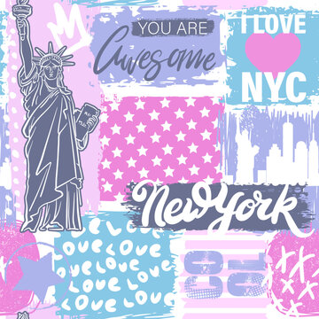 Modern wallpaper with The Statue of Liberty, graffiti and grunge elements. Street art style illustration for girl. New York pattern