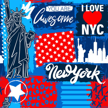 Modern wallpaper with The Statue of Liberty, graffiti and grunge elements. Street art style illustration for girl. New York pattern