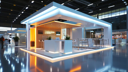 Building, montage, 3d project, installation trade show exhibition stand in pavilion.
