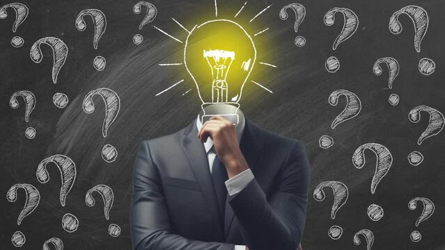 Portrait of a man in a suit with a light bulb instead of a head. In the background is a blackboard with question marks. The concept of generating new ideas, brainstorming, solving complex problems