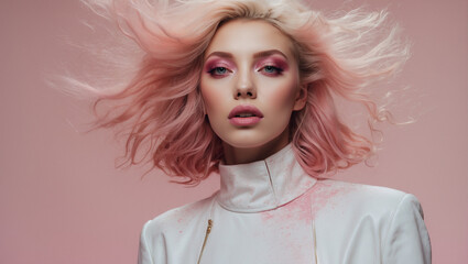 Fototapeta premium Hair model woman beauty shot covered with pink powder dust in artistic way 