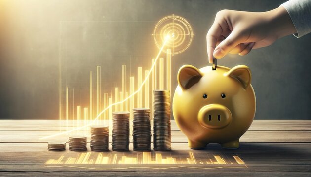 Conceptual image of saving money with hand, piggy bank, and coin stacks for finance, investment growth, and budget management
