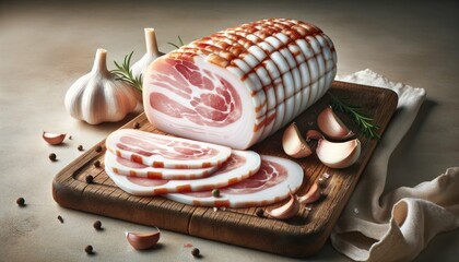 Ukrainian lard called salo, styled to resemble sliced bacon, presented on a wooden cutting board with garlic cloves 