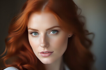 Fototapeta premium face of a red-haired girl, good detail of the facial skin, eyes in focus, in the style of serenity and calmness