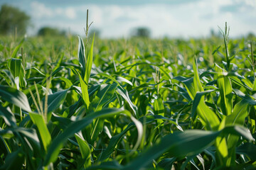 Obraz premium This close-up captures vibrant green biofuel crops like corn or sugarcane, highlighting their role in sustainable energy production.