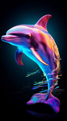 Neon dolphin on a black background. - obrazy, fototapety, plakaty