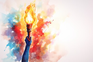 A hand holding the Olympic flame in the style of a watercolor drawing, an illustration of a burning torch, the concept of the international sports games - obrazy, fototapety, plakaty
