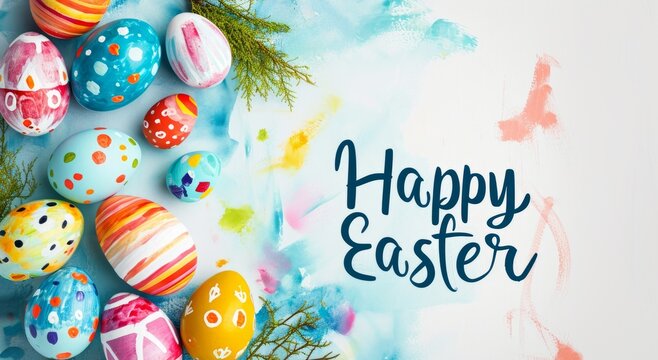 Colorful Easter eggs on a watercolor background with "Happy Easter" text. Banner. Ideal for seasonal greetings or holiday promotions.