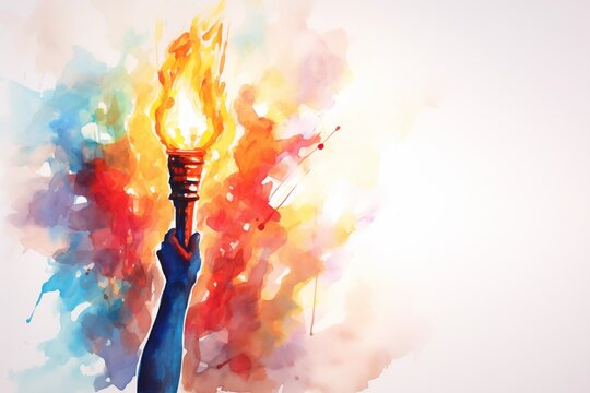 A hand holding the Olympic flame in the style of a watercolor drawing, an illustration of a burning torch, the concept of the international sports games