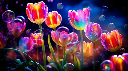 Obraz na płótnie Canvas Multicolored decorative colorful tulips, illuminated by neon light, shimmer with bright colors of the rainbow