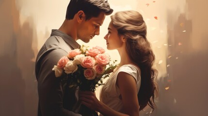Illustration of couple in tender embrace. Oil painting style. Man in love gives a woman a bouquet of flowers. Romantic moment. Ideal for love, relationships, and Valentines celebrations.