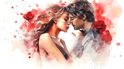 Watercolor illustration of couple in a tender embrace surrounded by falling red rose petals. Romantic moment. Ideal as a postcard for Valentines Day, wedding, or love story themes - obrazy, fototapety, plakaty