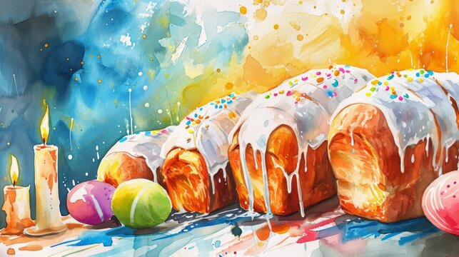 Watercolor illustration of Easter cakes, Kuliches, with white glaze and colorful sprinkles, surrounded by lit candles and colored eggs. Traditional Russian Easter cupcakes. Festive bread. Aquarelle
