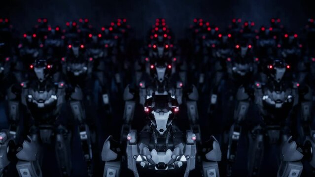 3d rendering of robotics army, industrial group of cyborg machines on factory background. Futuristic AI robotic team, artificial intelligence technology concept.