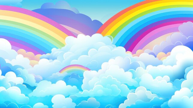 Rainbow clouds of pink, purple, turquoise, blue, yellow colors with rainbows. Cartoon Illustration. Abstract beautiful sky background. Copy Space. Ideal for designs, wallpapers, posters, ads, banners