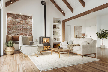 Elegant living room interior with fireplace, hardwood flooring, beautiful furniture and rafter ceiling, 3d rendering 