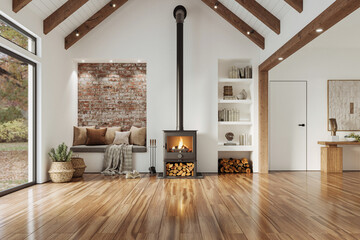 Elegant living room interior with fireplace, hardwood flooring, beautiful furniture and rafter ceiling, 3d rendering 