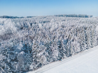 Aerial view of a frozen winter wonderland forest in southern Bavaria, Germany
