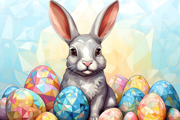 Easter bunny with mosaic colored eggs on blue background