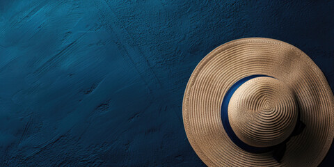 Dark blue banner featuring a stylish sun hat on the side, leaving space for your message.