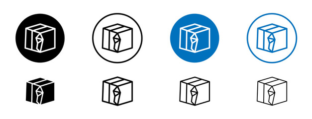 Broken Cardboard Box line icon set. Damaged cardboard package vector symbol in black and blue color. - obrazy, fototapety, plakaty