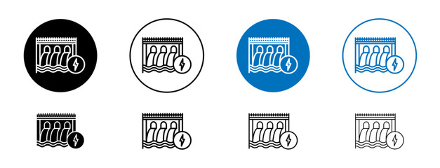Hydroelectric Power Plant line icon set. Hydro dam and water reservoir station vector symbol in black and blue color.