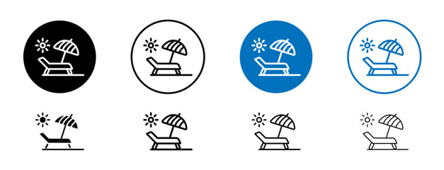 Sunbed line icon set. Beach Chair rest in sun vector symbol in black and blue color. - obrazy, fototapety, plakaty