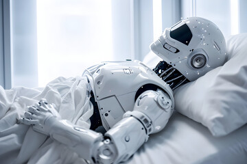 The robot is lying on a couch in the hospital