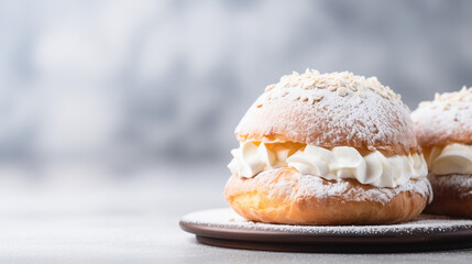 Obraz na płótnie Canvas Traditional Swedish Semla bun on neutral background with copy space. Dessert served in Scandinavia during winter. Delicious pastry with whipped cream, sprinkled with powdered sugar.