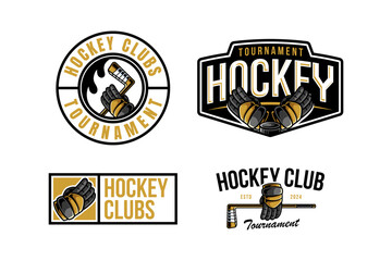 hockey logo label and emblem set collections with glove and crest stick vector for hockey team
