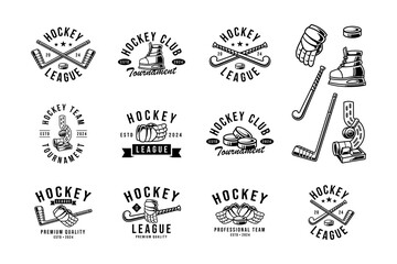hockey emblem logo set with hockey puck stick glove thrower and ice skate vector for hockey team
 - obrazy, fototapety, plakaty