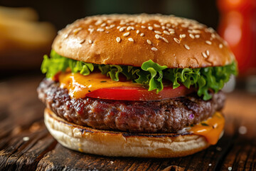 Unhealthy burger captured in food photography with its indulgent ingredients.