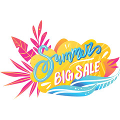 Fototapeta na wymiar Bright summer sale banner with tropical leaves and brush stroke style. Discount offer for seasonal shopping promotion. Vibrant colors and energetic design vector illustration.