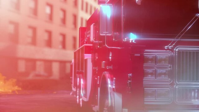fire truck on the background of a fire in the city 3D render