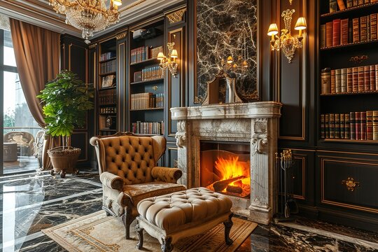 beautiful armchair sit in living room with libraby book shelf and stone marble wall fire place luxury home interior design style beautiful house design ideas concept