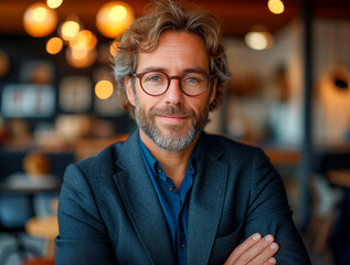 portrait of a successful Scandinavian man entrepreneur wearing a suit, arms crossed in front of her chest, office background