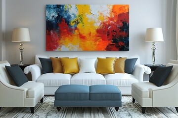 cheerful and happy mood living room idea of home decor design with colorful abstract painting art wall hanging picture