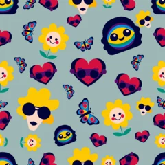 Fotobehang Happy cute sweet groovy hippie funny seamless wallpaper background vector. © Thanawat