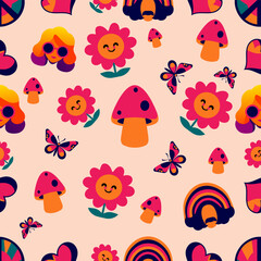 Happy cute sweet groovy hippie funny seamless wallpaper background vector.
