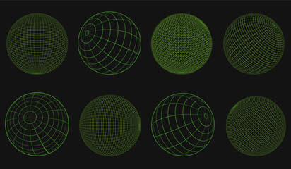 Neon globe grid spheres collection. Striped 3D spheres, geometry globe grid, earth latitude and longitude line grid vector symbol set. Spherical grid globe shapes. Illustration globe striped © Mars