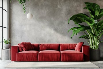 Modern interior design of apartment, living room with red sofa over the stucco wall. Home interior with plant. 3d rendering