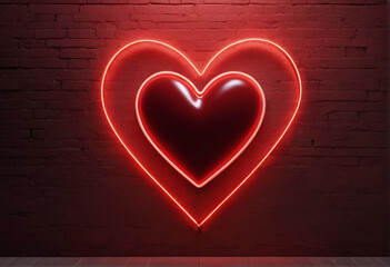 Corazon rojo con luces neon en una pared de ladrillos.  Detalle para San Valentin