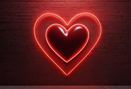 Corazon rojo con luces neon en una pared de ladrillos.  Detalle para San Valentin