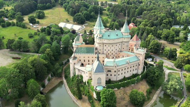 Aerial view of Bojnice medieval castle, UNESCO heritage in Slovakia. The Castle Of Spirits or Bojnice Castle in Slovakia. Romantic castle with with gothic and Renaissance elements