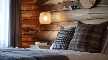 Fototapeta na wymiar Natural log lampshade near bed. Rustic interior design of modern bedroom